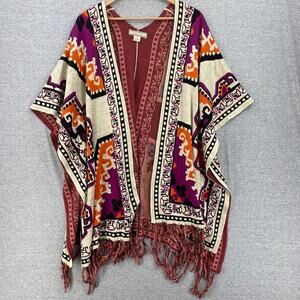 Flying Tomato Poncho Womens Medium/Large Aztec Beige Orange Fringe Boho Chic